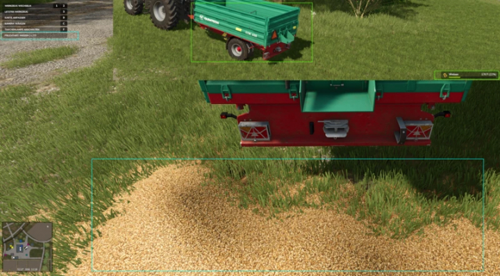 fs25-mods,  FS25 mod Heap Preview v0.8.6.0 showing grain pile in front of a trailer on grass.