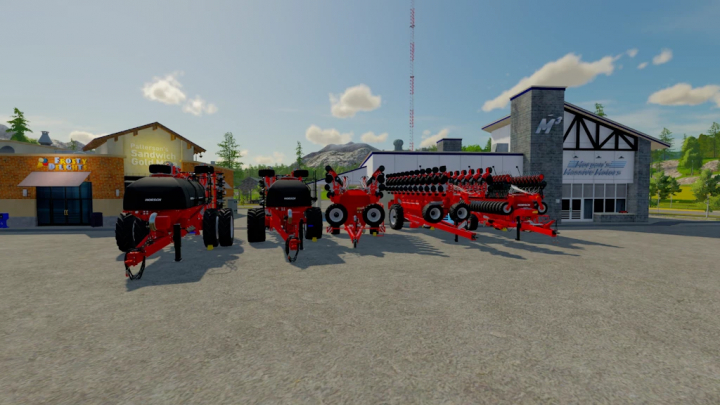 fs22-mods, FS22 mods: Horsch Tools Pack 1.0.0.0 featuring red farming machinery in front of buildings in Farming Simulator 22.