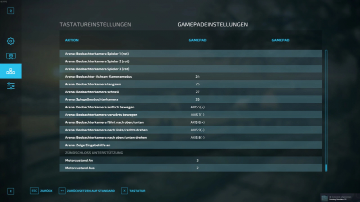 fs22-mods,  FS22 mod Ignition Lock Support instellingenmenu screenshot in Farming Simulator 22, toont toetsbindingen voor gamepad besturing.