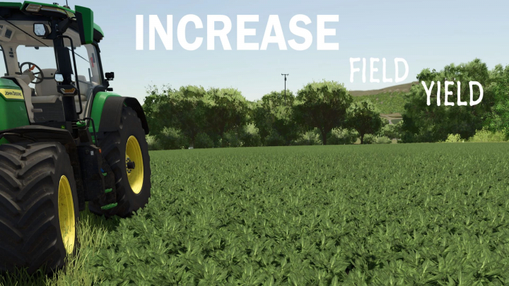 fs25-mods,  Mod FS25 Increase Field Yield v1.0.1.0 con un tractor verde en un campo exuberante con árboles al fondo.