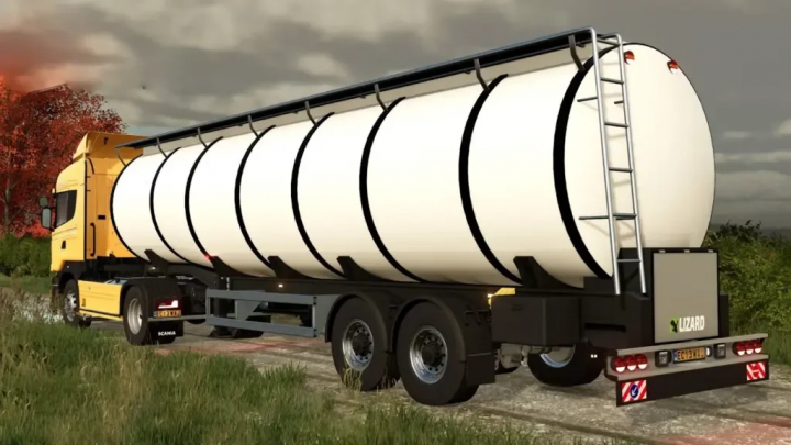 fs25-mods,  FS25 mod: Increased Capacity Tanker V1.0.0.0, featuring a large white tanker trailer on a yellow truck in Farming Simulator 25.