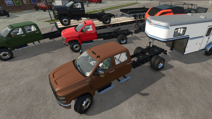 fs25-mods,  FS25 mod International CV Series Chassis v1.0.0.1 featuring multiple colored trucks and trailers.