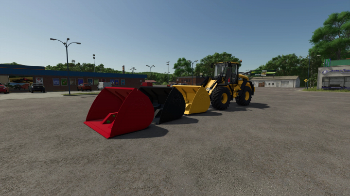 fs25-mods,  JCB WheelLoader Pack HD by CW33 v1.0.0.1 mod in FS25, featuring red, black, and yellow buckets in a parking lot.