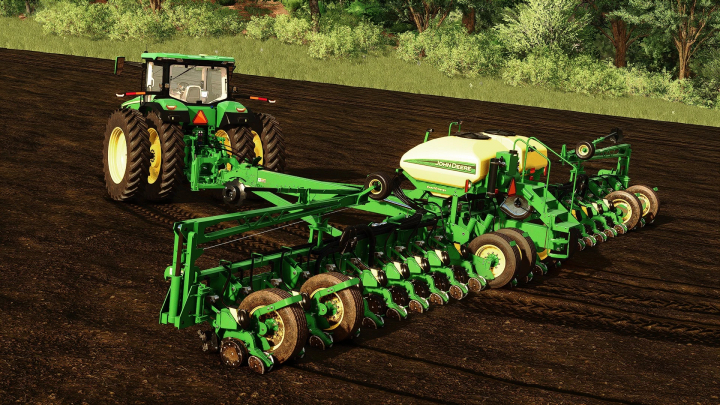 fs25-mods,  FS25 mod John Deere 1775NT v1.0.0.0, showcasing a green planter attached to a tractor on a farm field.