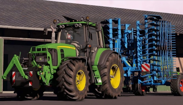 fs22-mods,  Mod de tracteur John Deere 6030 Premium Series avec accessoire bleu dans FS22.