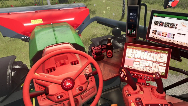 fs25-mods,  Interior view of a John Deere 6R tractor mod in Farming Simulator 25, showing advanced control panels and steering.