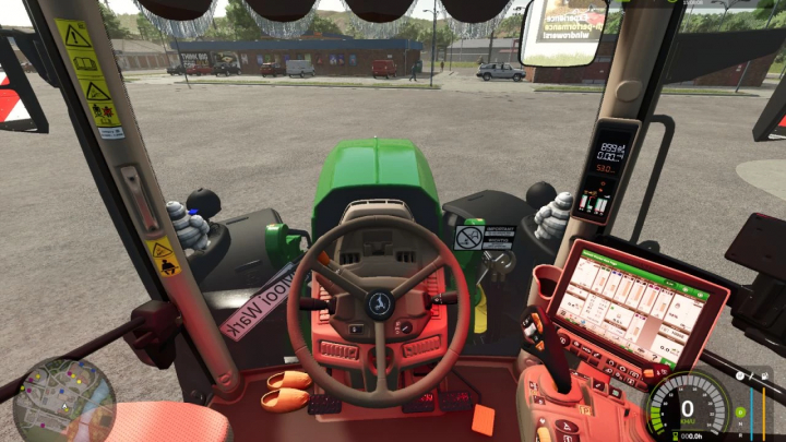 fs25-mods,  Vista interna del John Deere 6R Large Frame Edit nel mod FS25, con cruscotto e volante dettagliati.