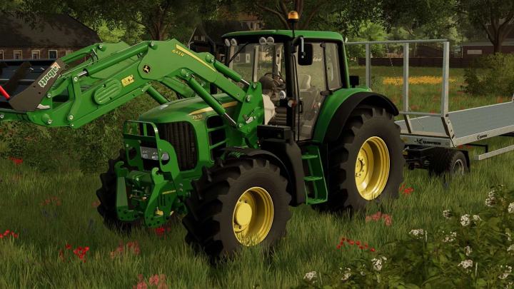 fs22-mods, John Deere 7030 mod in FS22, showcasing a tractor with front loader in a lush field setting.