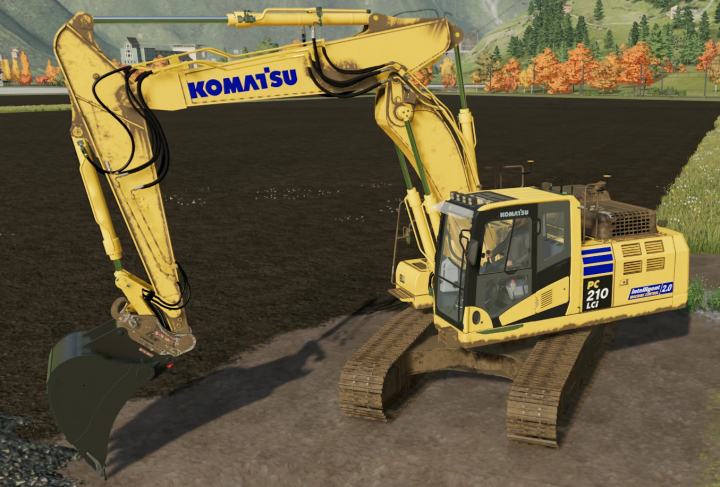 fs22-mods,  Escavadeira Komatsu PC210-11 VA mod para FS22, em um campo com montanhas ao fundo.