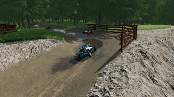 fs22-mods,  FS22 mod Ladyhill Map v1.1.0.0 showcasing off-road vehicles on a muddy forest trail.