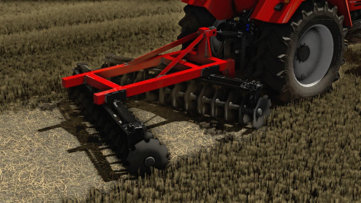 fs22-mods,  Mod FS22 Lizard Disc Harrow V26, herse rouge attachée au tracteur dans le champ.