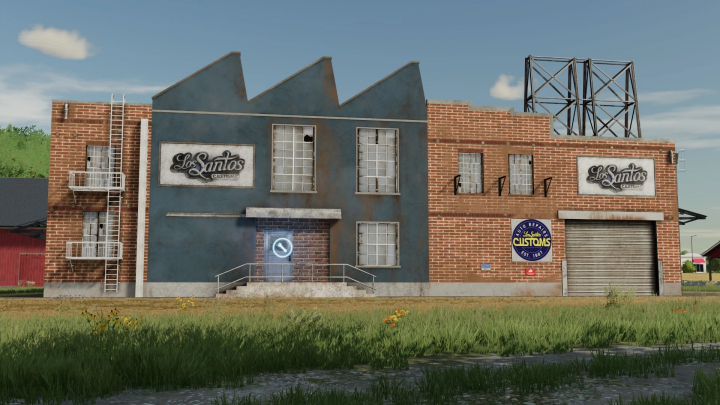 fs22-mods,  FS22 mod Los Santos Customs v1.0.0.0, een garagegebouw met bakstenen gevel in een landelijke omgeving.