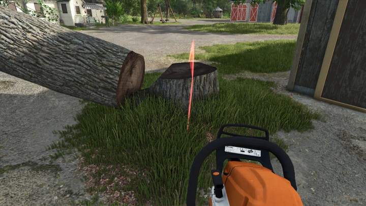 fs25-mods,  FS25 Lumber Jack mod showing a chainsaw and cut tree with stump.