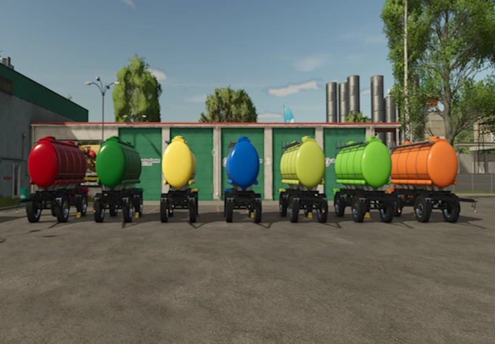 fs25-mods,  Colorful MKS8 trailers in FS25 mod displayed in a row, showcasing different options for Farming Simulator 25.