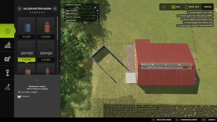 fs25-mods, Top view of a Manure Heap Without Grid Lock in FS25 mod menu, showing placement options and pricing at €25,000.