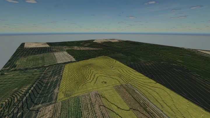 fs25-mods,  Aerial view of a realistic farm landscape from FS25 mod Map 1X Terrain From Real V1.0.0.0, showcasing diverse crop patterns.