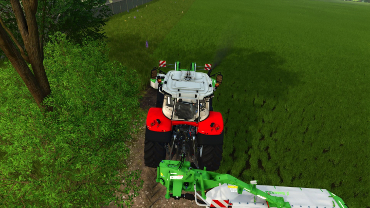 fs25-mods, Massey Ferguson 7S Edit v1.0.0.0 mod in FS25 mowing grass near trees.