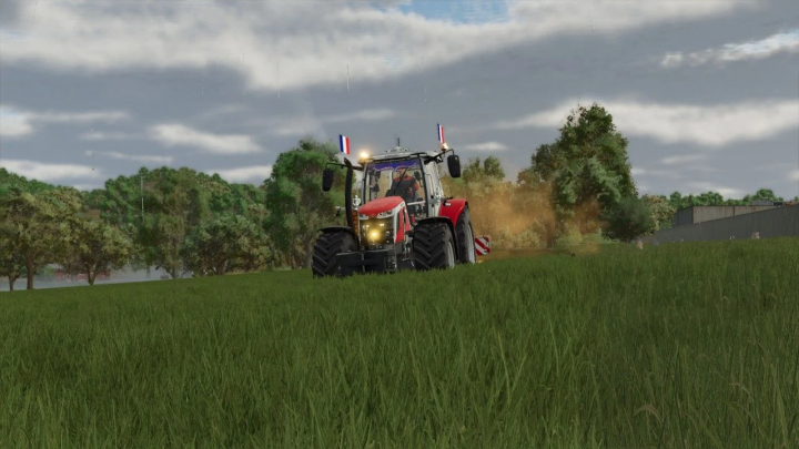 fs25-mods,  Massey Ferguson 7S Edit v1.0.0.0 mod in FS25, a red tractor working in a lush green field with trees in the background.