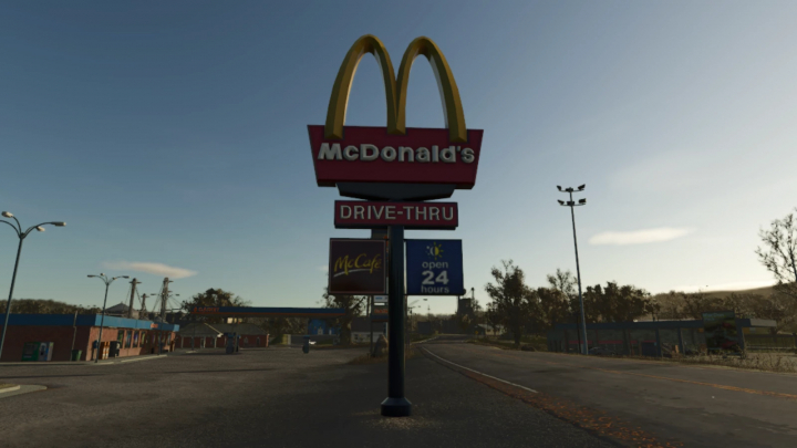 fs25-mods,  FS25 mod McDonald's Drive-Thru Sign v1.0.0.0, featuring a drive-thru sign and logos in a game setting.