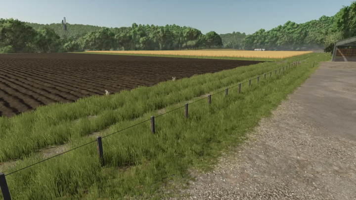 fs25-mods,  Clôtures métalliques dans le mod FS25 Metal Fences v1.0.0.0, entourant un champ avec de l'herbe verte et un chemin de terre.