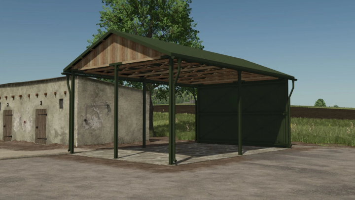 fs25-mods,  Metal Shed mod for FS25 showing a green structure with open sides next to a rustic building.