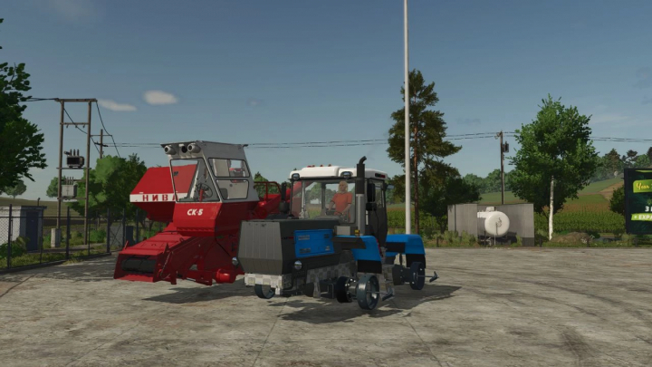 fs25-mods,  Mod FS25 mostrando un tractor azul y cosechadora roja con Moddir Wheels Fix v1.0.0.0 en Farming Simulator 25.