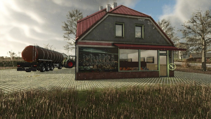 fs25-mods,  FS25 mod Multi Production v1.0.0.0 features a rustic building with a tanker truck and tractor, showcasing farm production scene.