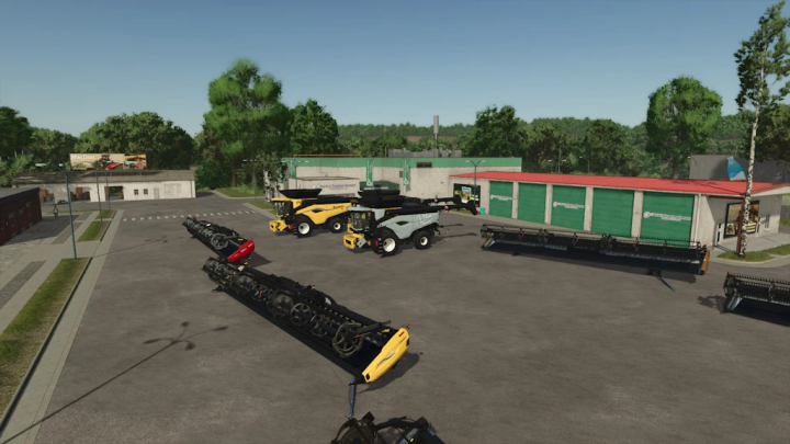 fs25-mods,  New Holland CR11 1.3.0.0 mod displayed in garage area in Farming Simulator 25, showcasing multiple farm equipment.