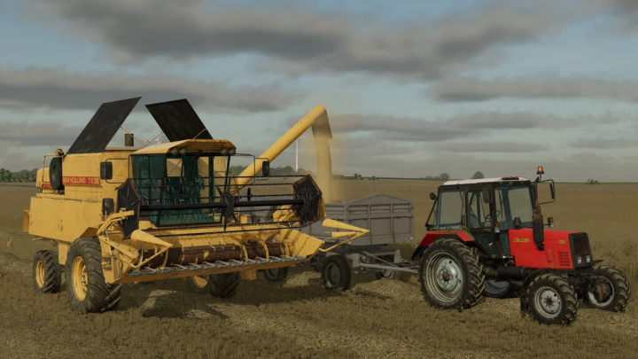 fs22-mods, New Holland TX 32 combine harvester in FS22 mod unloading grain to a trailer in field.