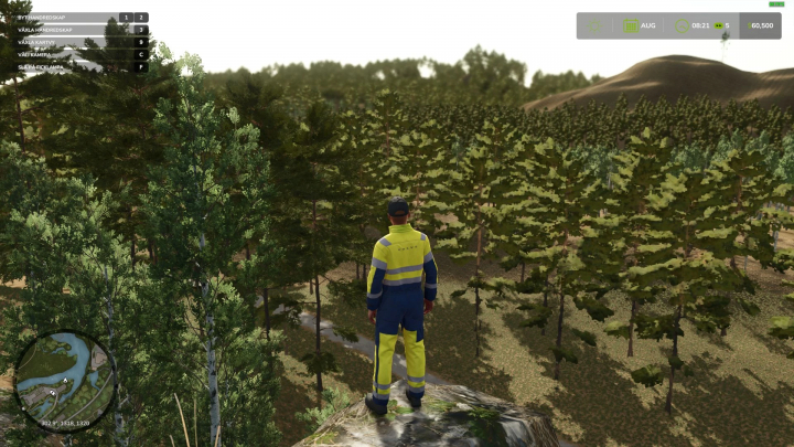 fs25-mods,  FS25 mods North Sweden v1.0.0.0: Player in hi-vis gear stands on a hill overlooking a dense forest.