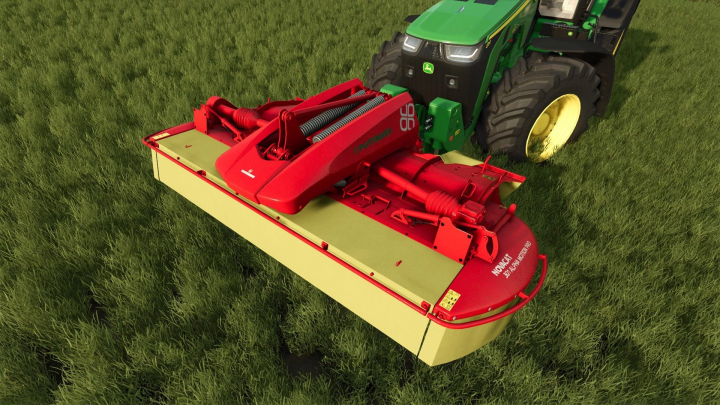 fs25-mods,  Novacat 301 Front Mower mod for Farming Simulator 25, attached to a green tractor on a grassy field.