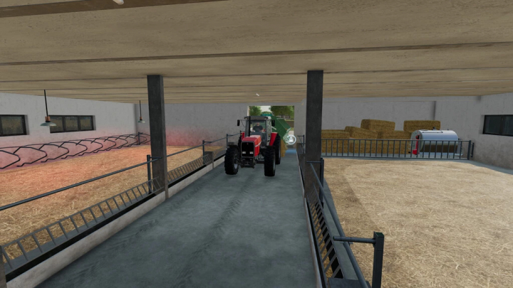 fs22-mods,  Mod FS22 Old Cow Barn v1.2.0.0 mostrando interior com trator e fardos de feno.