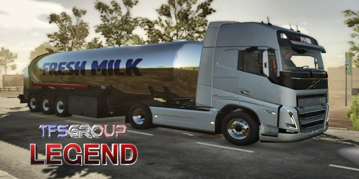 fs25-mods,  FS25 mod: Agricultural tanker trailer Fresh Milk v1.0.0.0 with a Volvo truck parked on the road.