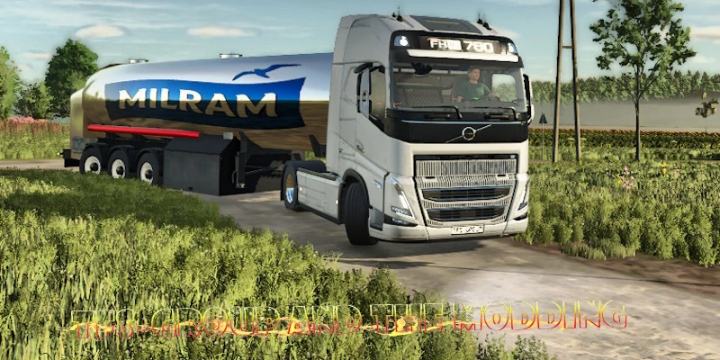 fs25-mods,  FS25 mod: Agricultural tanker trailer MILRAM v1.0.0.0 in Farming Simulator 25 game, featuring a white truck on a rural road.