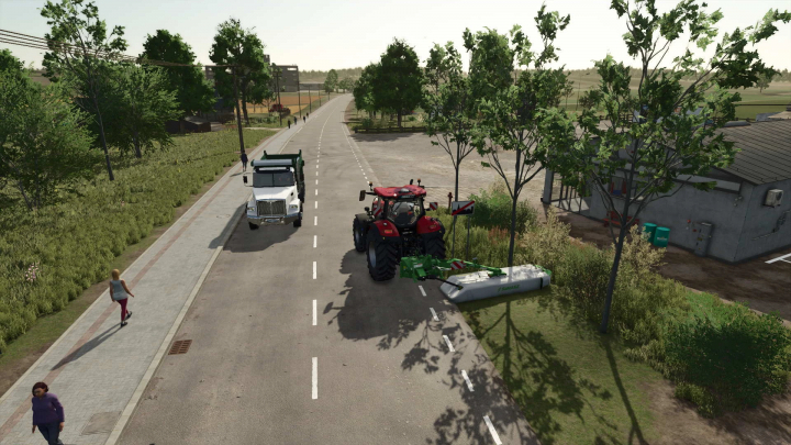 fs25-mods,  Tractor with Real Mower mod in FS25 on a rural road