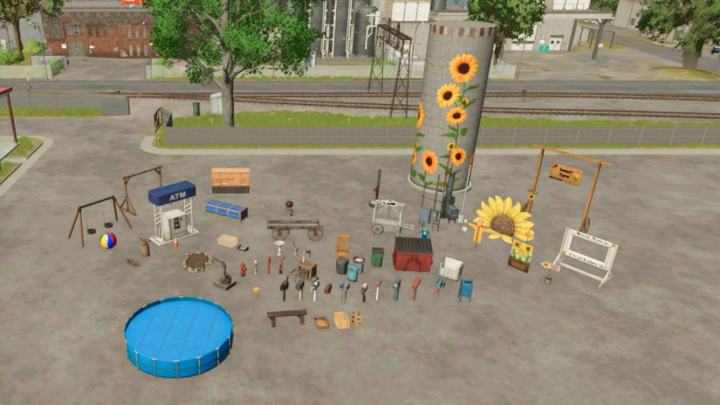 fs25-mods,  FS25 Riverbend Springs Props v1.0.0.0 featuring various farm tools, decor, and structures, including a sunflower silo and playground equipment.