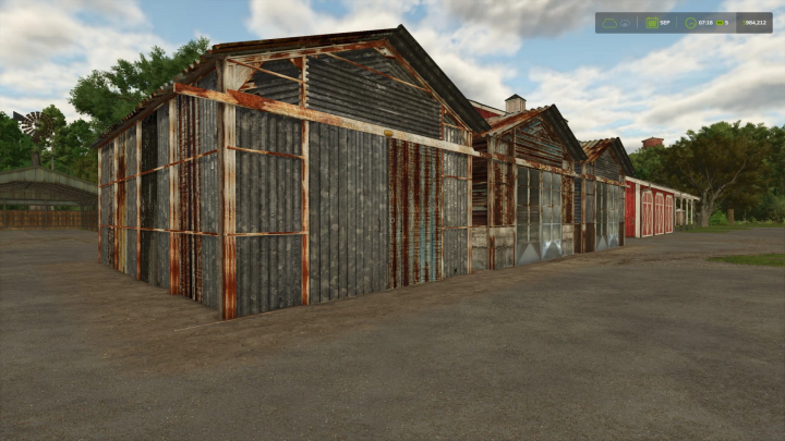 fs25-mods,  Rusty sheds mod in FS25 displaying weathered metal structures, enhancing farm environments. Farming Simulator 25 mods.