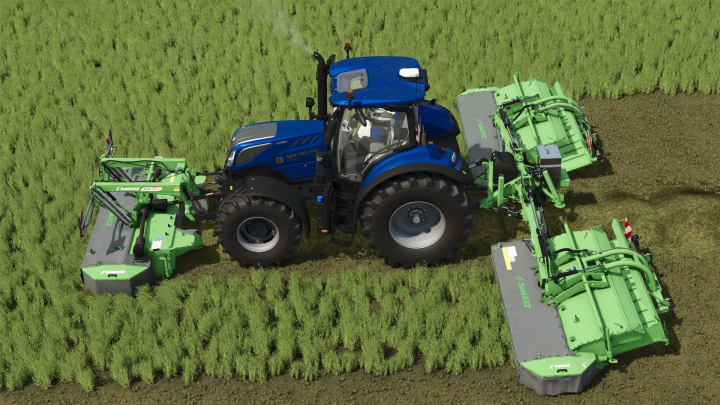 fs25-mods,  FS25 mod SAMASZ KDF 341 S Special v1.0.0.0 showing a blue tractor mowing a field with green attachment.