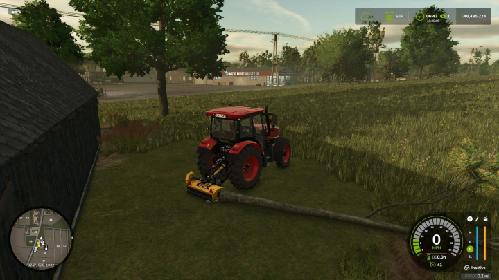 fs25-mods,  Farming Simulator 25 mod Salek MUL-1000 Forestry Edition v1.0.0.0 showing a tractor cutting a tree on a grassy field.