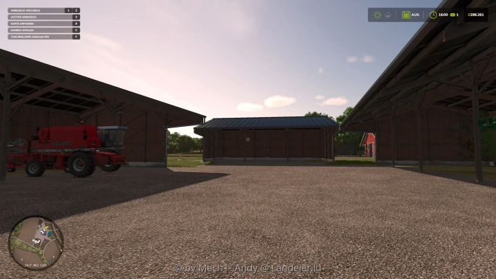 fs25-mods,  FS25 mod: Shed Pack 24m, 32m, 40m v1.0.0.0 in Farming Simulator 25, featuring open wooden sheds and a red harvester.