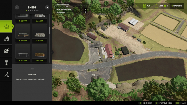 fs25-mods,  FS25 Shop Sorting mod displaying shed selection and overhead farm view.