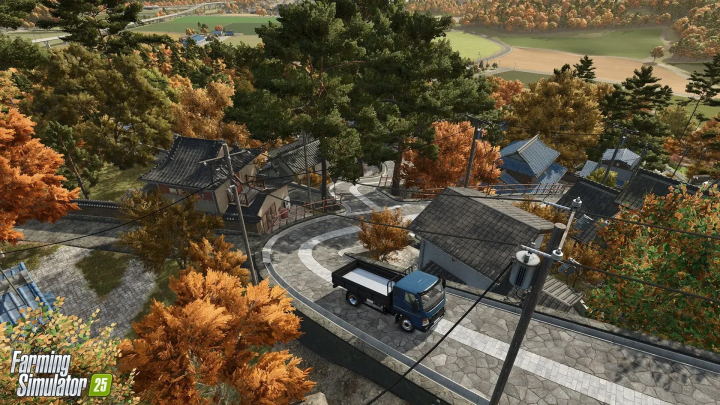 fs25-mods,  Scenic Asiatic landscape with autumn trees and a truck on a winding road in FS25 Starting Asiatic map mod v1.2.0.0.