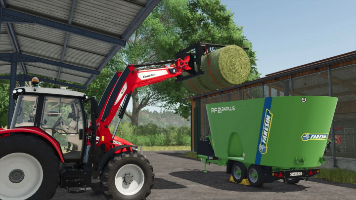 fs25-mods,  FS25 mod Strap fork v1.0.0.0 lifting a hay bale with a tractor next to a green trailer.