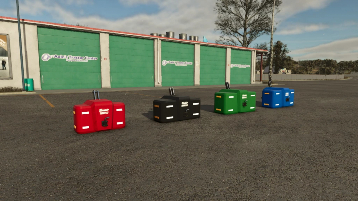 fs25-mods,  FS25 Suer Weight Pack mod showcasing red, black, green, and blue tractor weights at a tractor center.