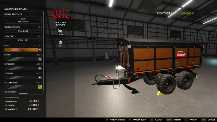 fs25-mods,  FS25 mod TDK 301 RP v1.0.0.0 trailer configuration screen in a warehouse setting.