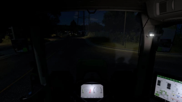 fs25-mods,  FS25 mod: Night view from inside a vehicle showing dashboard and road with streetlights, part of Traffic cars with shadows v1.0.0.0.