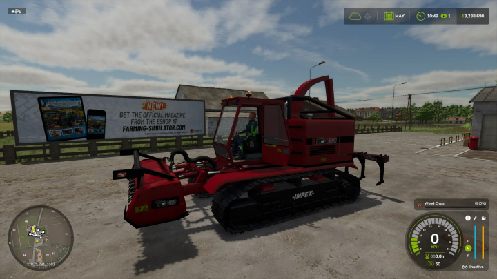 fs25-mods, Trex 600 mod in Farming Simulator 25, featuring a red tracked vehicle in a farm setting with a promotional billboard in the background.