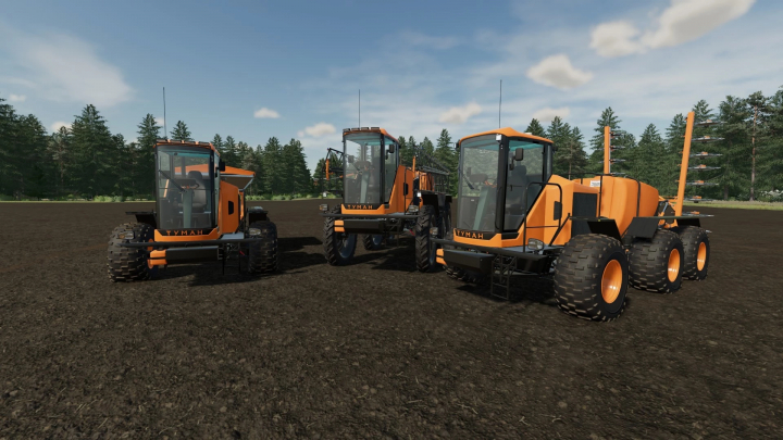 fs22-mods,  Mod FS22 Tuman 3 MG v1.0.0.0 przedstawia trzy pomarańczowe pojazdy rolnicze na polu.