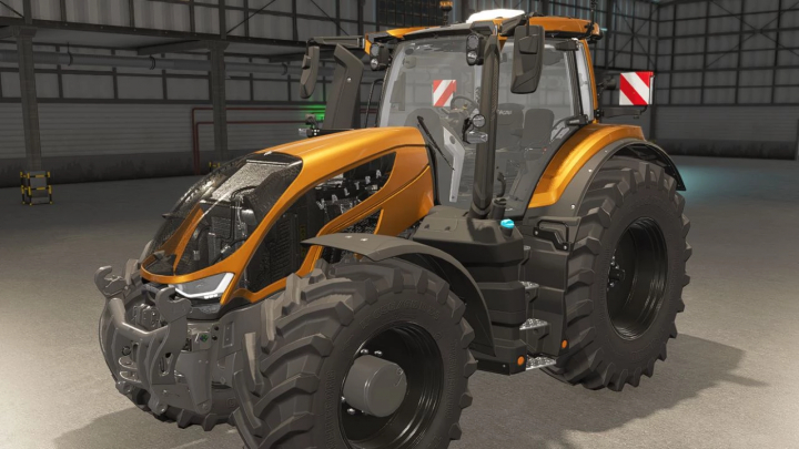 fs25-mods,  Tracteur Valtra S Series orange mod pour FS25 dans un entrepôt.