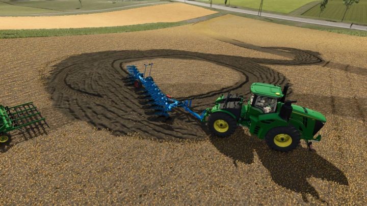 fs25-mods, Tractor using Zielonka Multiangle mod in FS25, plowing a field with precision in Farming Simulator 25.